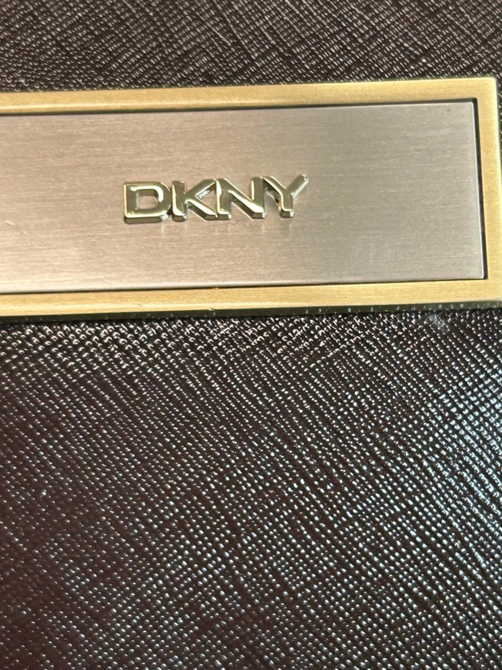 DKNY Dark Brown Saffiano Leather Satchel with Gold Plaque